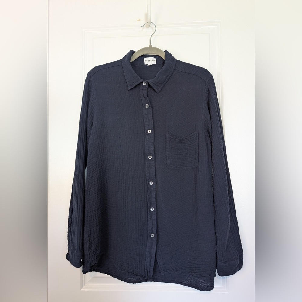 Felicite 100% Cotton Boyfriend Button Up Gauze Top Navy Blue Size 4/Large